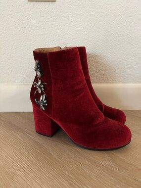 Embellished Red Velvet Ankle Boots with Block Heel